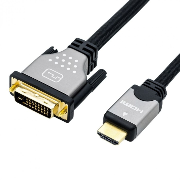 Кабел HDMI към DVI Dual Link 24+1 пина черен/сребрист 1.5m, Roline 11.04.5876