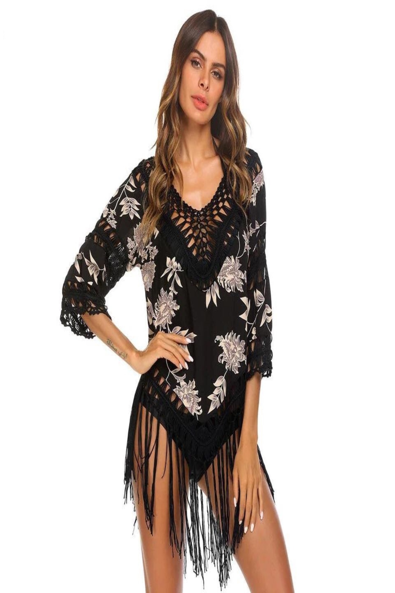 Rochie plaja, Iudita Boutique, Universala, Bej/Negru, One Size