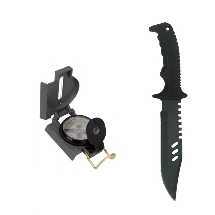 Пакет, състоящ се от метален военен компас WRG Compass B3 и ловен нож AGL Wargame Black, 32 cm