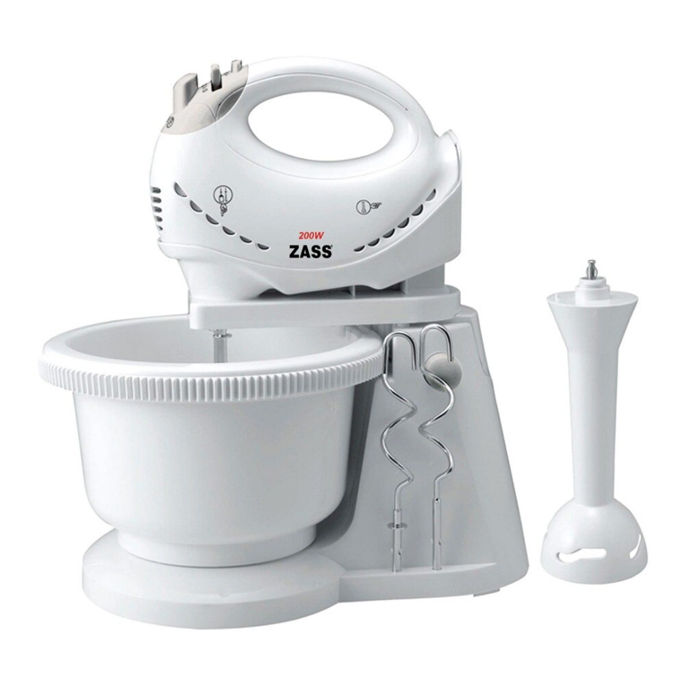 Mixer de mana ® Zass , cu bol de 3 l, 200 W, 5 trepte de viteza, functie turbo, alb + gri, carlige framantare + palete amestecare + tocator AN