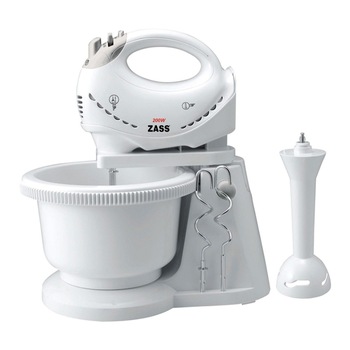 Mixer de mana ® Zass , cu bol de 3 l, 200 W, 5 trepte de viteza, functie turbo, alb + gri, carlige framantare + palete amestecare + tocator AN Mixer de mana ® Zass , cu bol de 3 l, 200 W, 5 trepte de viteza, functie turbo, alb + gri, carlige framantare + palete amestecare + tocator AN