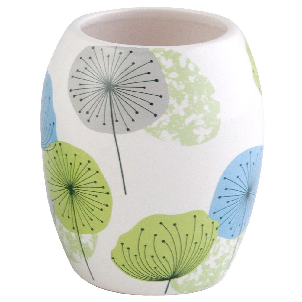 Pahar toaleta iMK®, ceramica, model floral, alb / albastru / verde, 11 x 8 x 8 cm