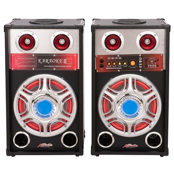 Set 2 Boxe 1 Activ + 1 Pasiv, 613D, 2 x 80 W, Bluetooth, Usb, TF Card, Nivel Volum, 2 Intrari Microfon , Negru Set 2 Boxe 1 Activ + 1 Pasiv, 613D, 2 x 80 W, Bluetooth, Usb, TF Card, Nivel Volum, 2 Intrari Microfon , Negru