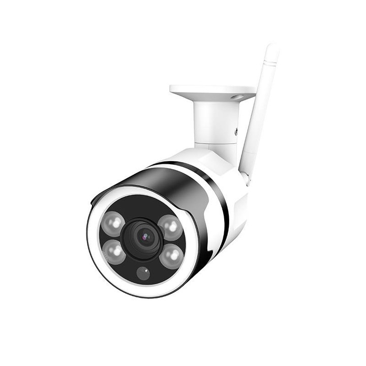 Външна IP Smart HD Wifi камера за наблюдение GKA4D-QC7, RP700, Full HD 2MP, метален корпус, водоустойчивост, нощно виждане с инфрачервена връзка, телефонна/компютърна връзка, сензор за движение, TF/SD слот за карта до 32 GB, бяла