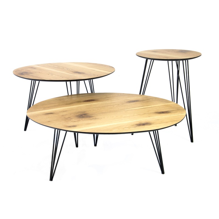 Set masute de cafea rotunde pentru Living sau Birou, diametrul 40/60/80 cm, inaltime 30/40/50 cm, stejar salbatic, Bear Studio