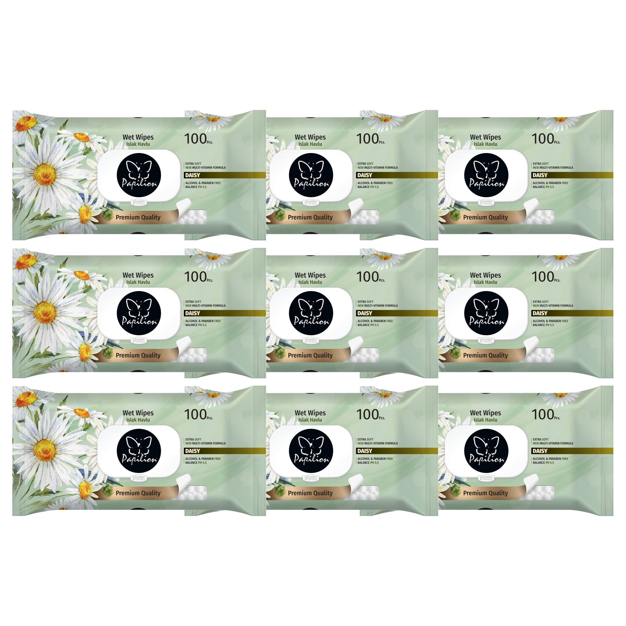 Servetele umede Papilion Daisy cu capac, 9 pachete x 100, 900 bucati