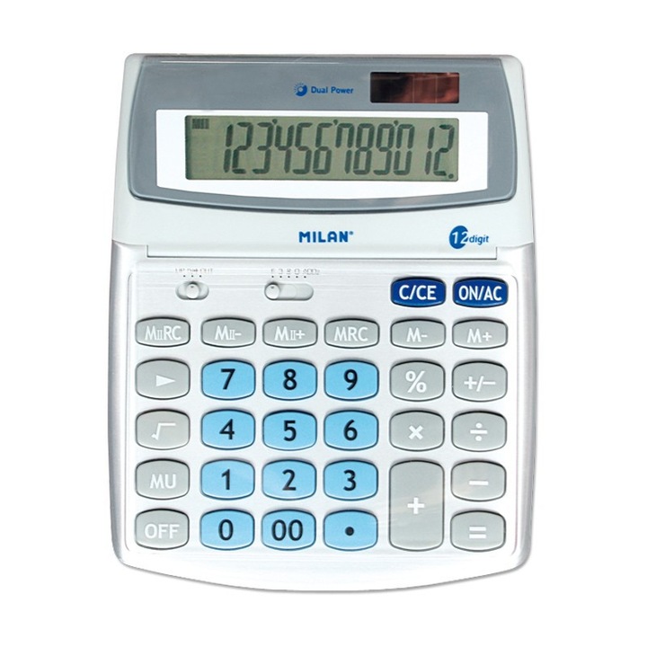 Калкулатор Milan, 12 разр., 200х160х30 мм, сив, сини бутони