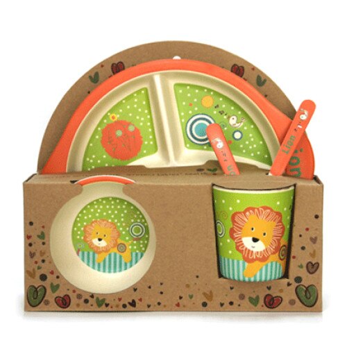 Set de masa 5 piese RAKI LAVCE pentru copii cu farfurie rotunda 3 compartimente, bol, cana, lingurita si furculita, compatibil microunda