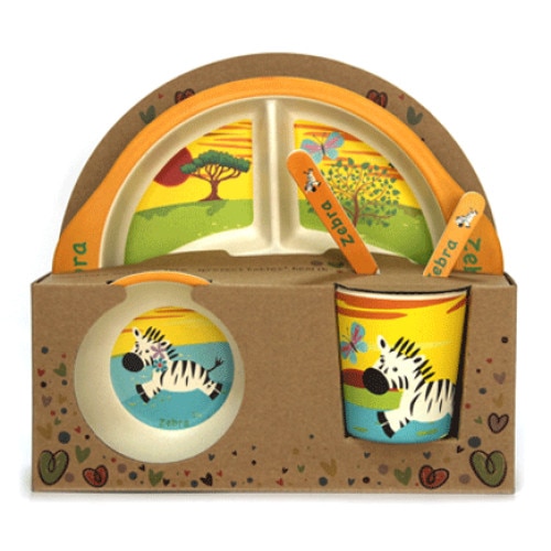 Set de masa RAKI ZEBRA 5 piese pentru copii cu farfurie rotunda 3 compartimente, bol, cana, lingurita si furculita, compatibil microunda