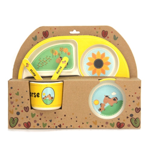 Set 5 piese serviciu de masa copi RAKI CONCE cu farfurie patrata 4 compartimente, bol, cana, lingurita si furculita, compatibil microunda