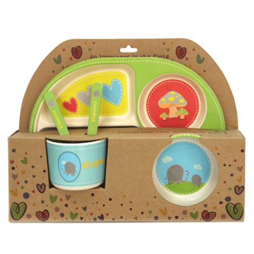 Set 5 piese serviciu de masa copi RAKI SLONCE cu farfurie patrata 4 compartimente, bol, cana, lingurita si furculita, compatibil microunda