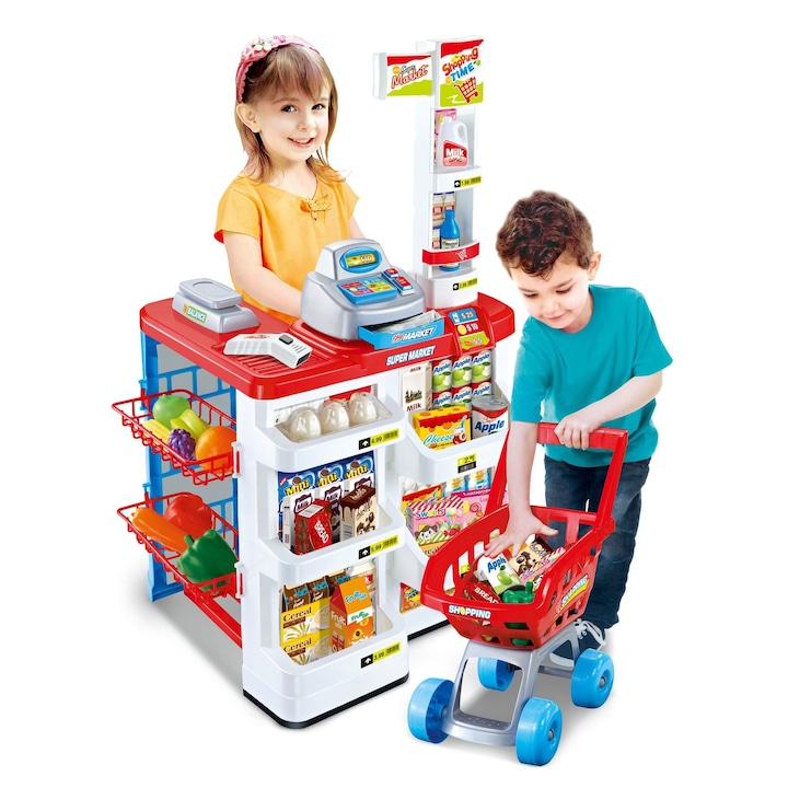 idealSTORE SPEDDY MARKET Gyerek Bevásárlóközpont Játékszett, Bevásárló kocsival, 82 cm, Kiegészítőkkel