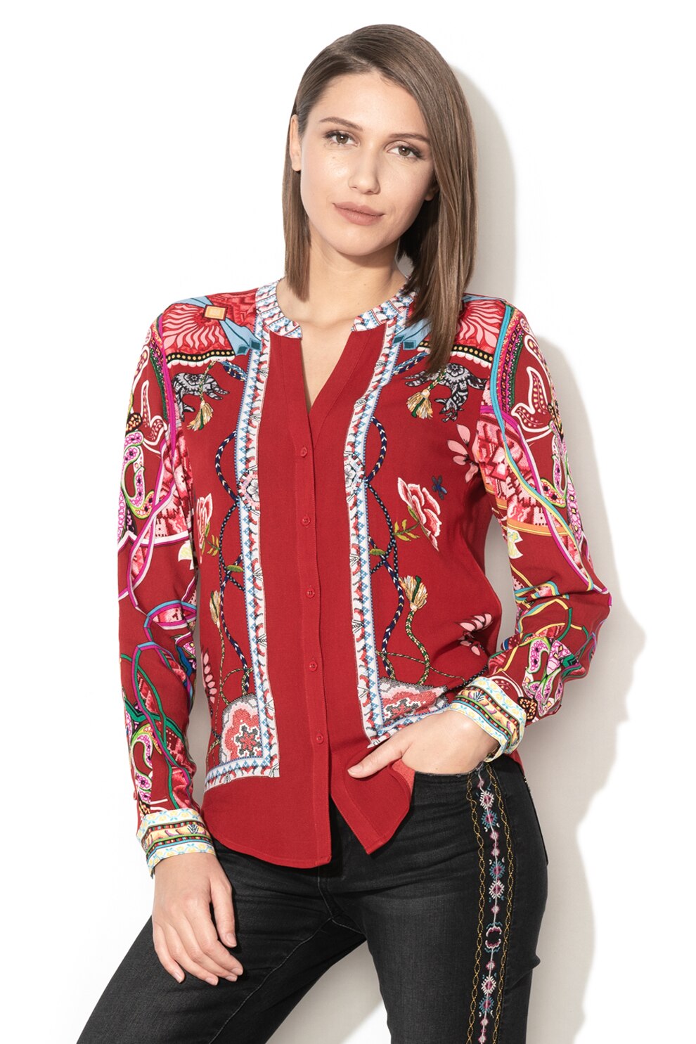 DESIGUAL, Tricou cu imprimeu grafic Silvina, Rosu inchis/Albastru lavanda, XS