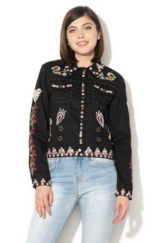 DESIGUAL, Jacheta din denim cu aplicatii din margele si nasturi Ferrara, Negru/Roz/Bej, 36 DESIGUAL, Jacheta din denim cu aplicatii din margele si nasturi Ferrara, Negru/Roz/Bej, 36