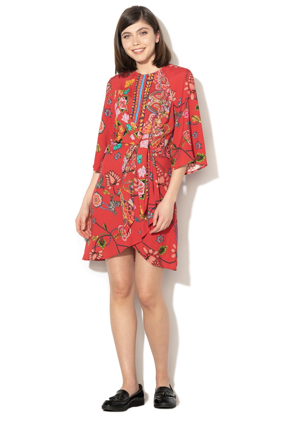 DESIGUAL, Rochie cu imprimeu floral si cordon Glen, Rosu/Verde/Albastru