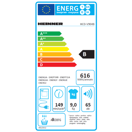 Uscator de rufe Heinner HCD-V904B, Condensare, 9 kg, Display LED, Lumina cuva, Anti-sifonare, Clasa B, Alb
