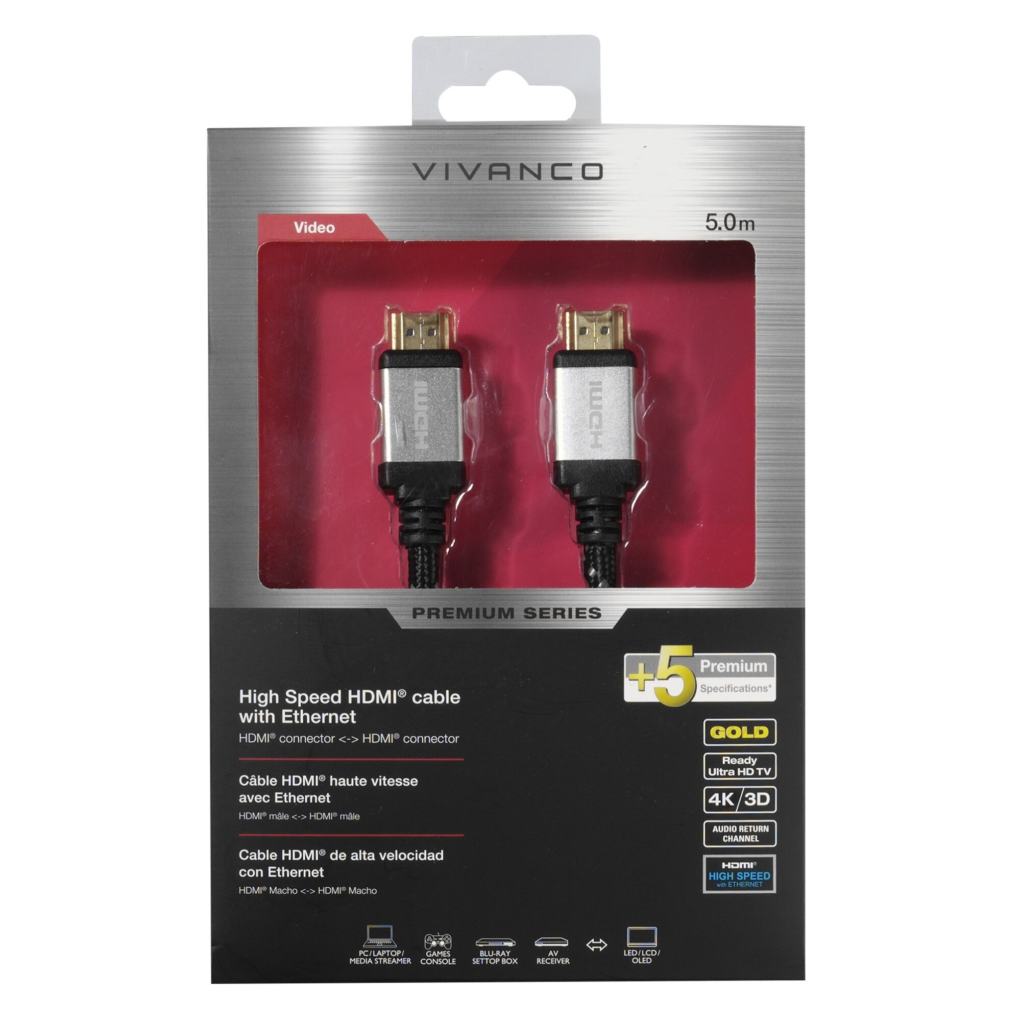 Cablu HDMI VIVANCO High speed , Premium Series, 4K/3D ,Gold Plated, 5m