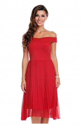 Rochie bardot rosie cu pliseuri, Rosu