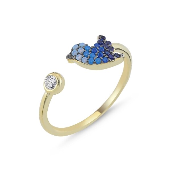 Inel reglabil argint 925 aurit cu porumbel si zirconii albastre - Be Nature ITU0108