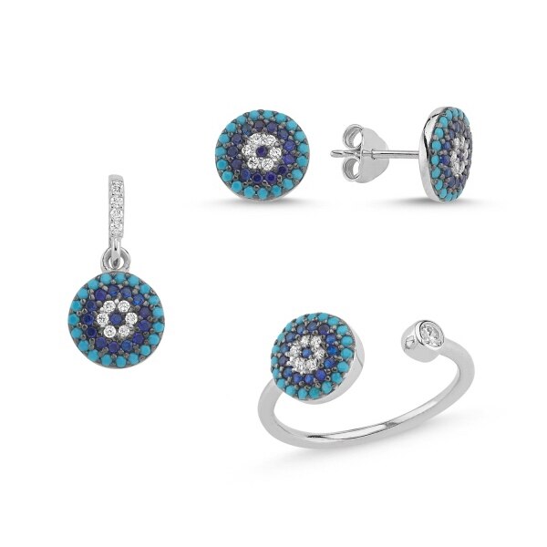 Set argint 925 rodiat cu floricele si zirconii multicolore - Be Nature STU0012