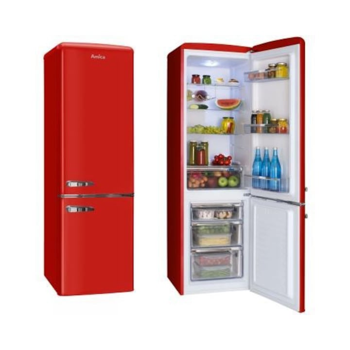 Amica FK2965.3RAA Kombinált hűtőszekrény, 244L, M:181cm, SafetyGlass, A++ energiaosztály, Piros