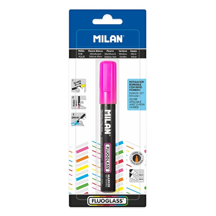 Маркер за стъкло изтриваем скосен, Milan Fluoglass 2+4 мм блистер, Розов