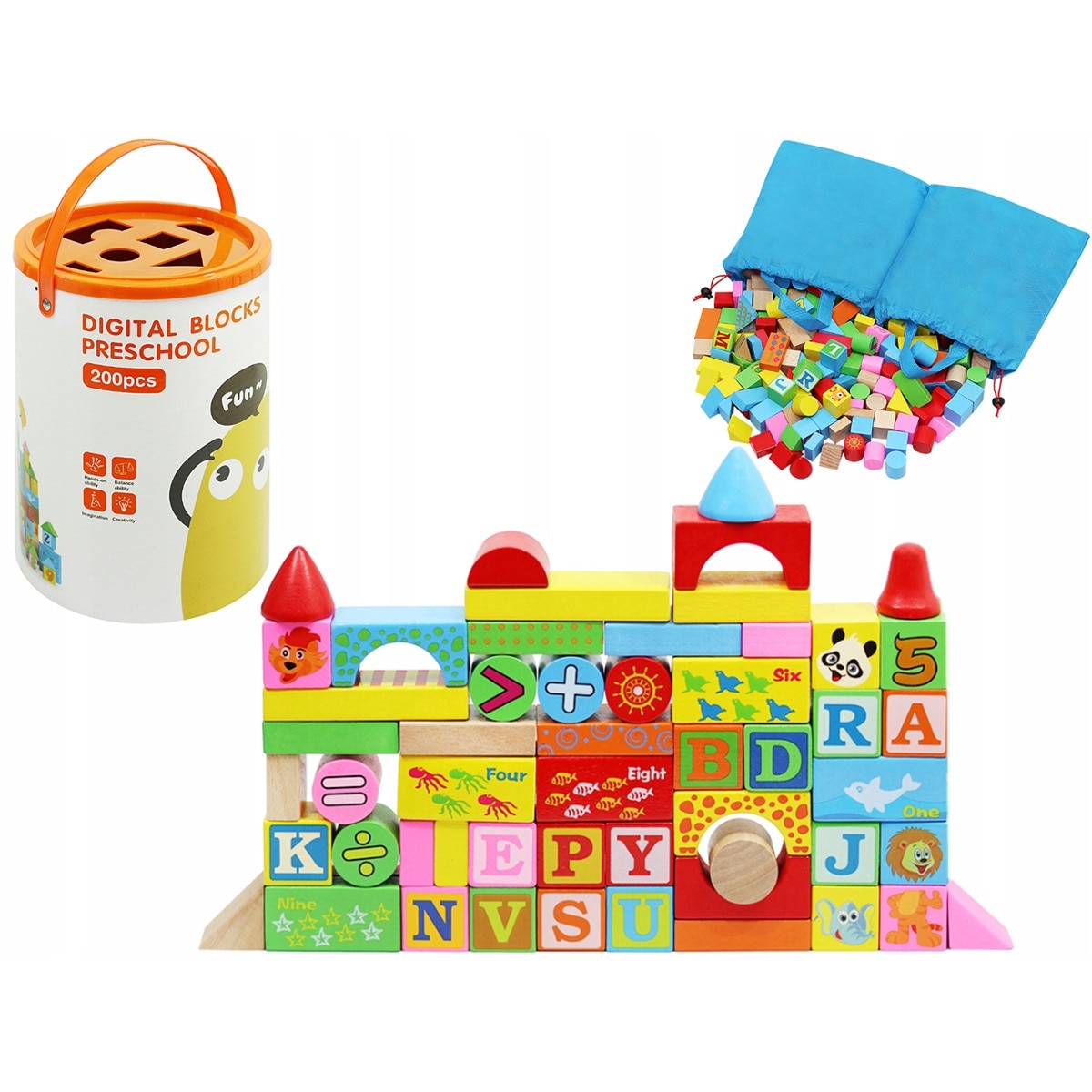 Set Constructie Cuburi din Lemn Natural 200 Piese 