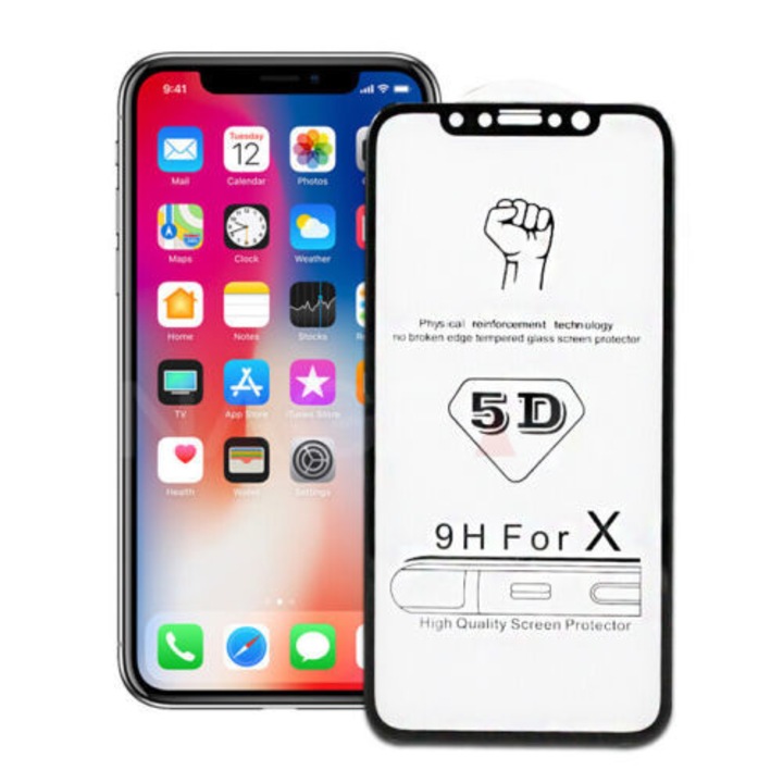 Folie protectie ecran, Tempered Glass, Sticla, Iphone XS, Negru