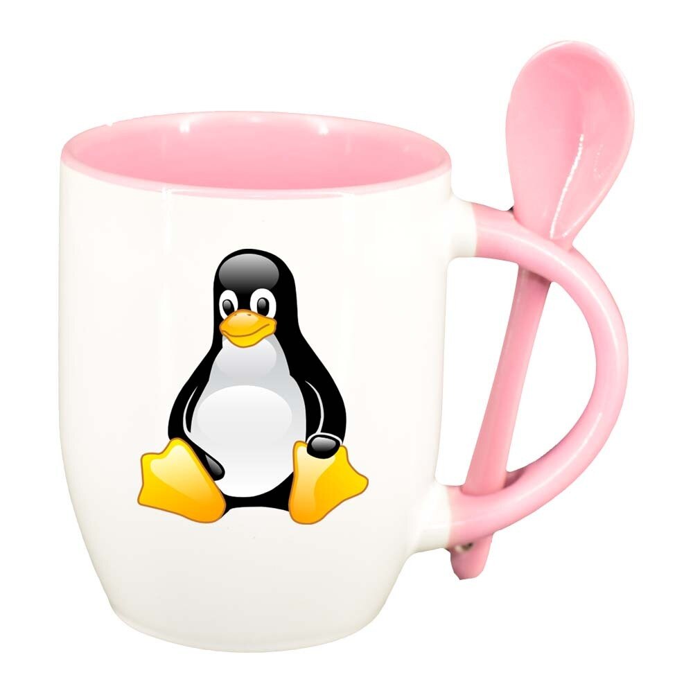 Cana Pinguin cu lingurita, interior roz, 330ml, D298