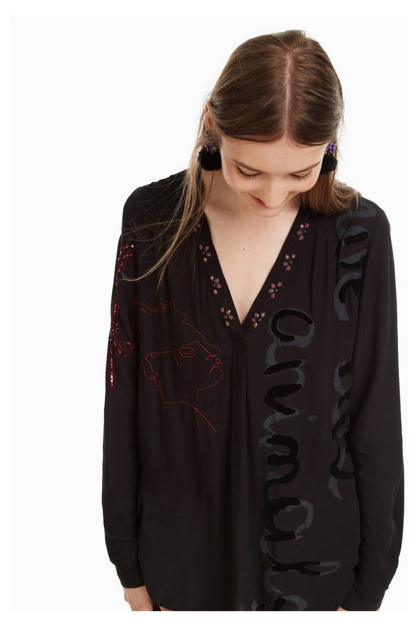 Camasa dama, Desigual, cu imprimeu abstract, Faces, Negru, XS