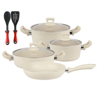 Set 9 piese Hascevher Germanitium 2 oale 3l si 4,9l cu capac,cratita 3,9l cu capac si tigaie 22cm granit-crem ,lingura servire cu spatula bucatarie Set 9 piese Hascevher Germanitium 2 oale 3l si 4,9l cu capac,cratita 3,9l cu capac si tigaie 22cm granit-crem ,lingura servire cu spatula bucatarie
