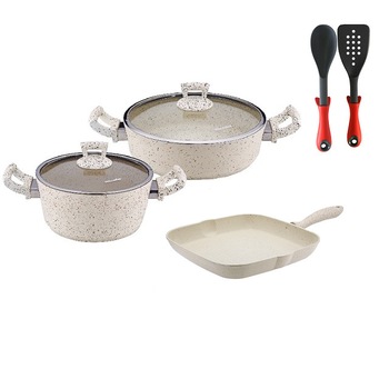 Set 7 piese Hascevher Germanitium oala 3l cu capac,cratita 3,9l cu capac si tigaie gril 28cm granit-crem ,lingura servire cu spatula bucatarie Set 7 piese Hascevher Germanitium oala 3l cu capac,cratita 3,9l cu capac si tigaie gril 28cm granit-crem ,lingura servire cu spatula bucatarie