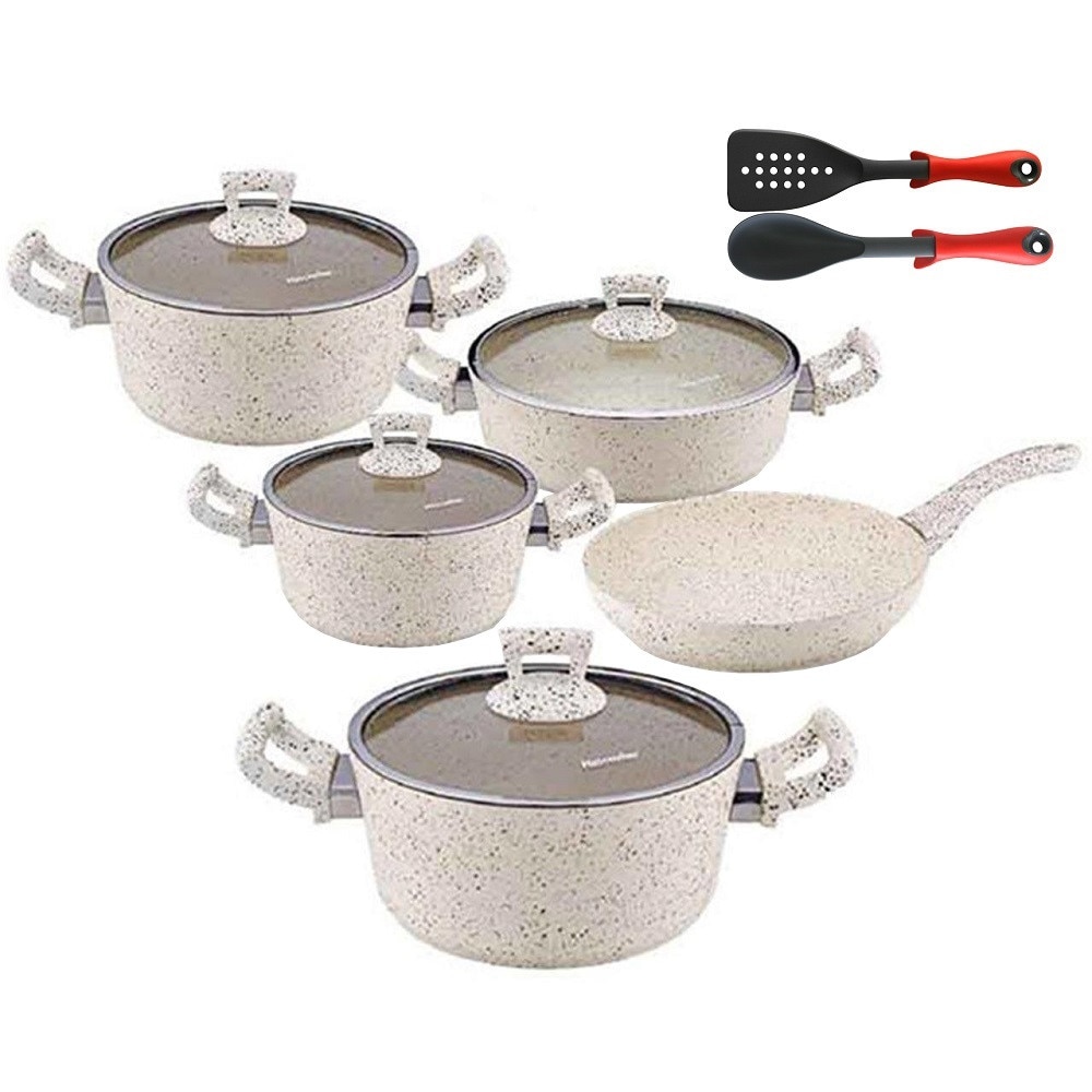 Set 11 piese Hascevher Germanitium 3 oale 3l,4l si 4,9l cu capac,cratita 3,9l cu capac si tigaie 22cm granit-crem ,lingura servire cu spatula bucatarie