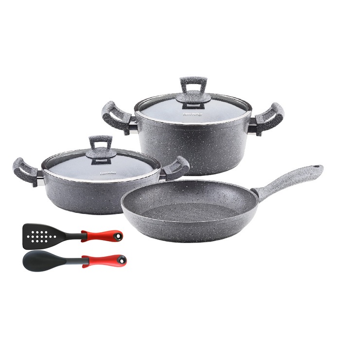 Set 7 piese Hascevher Germanitium oala 3l cu capac,cratita 3,9l cu capac si tigaie 22cm granit-gri ,lingura servire cu spatula bucatarie