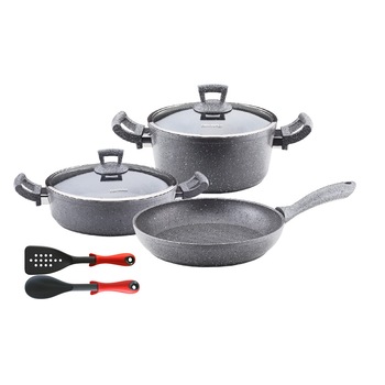 Set 7 piese Hascevher Germanitium oala 3l cu capac,cratita 3,9l cu capac si tigaie 22cm granit-gri ,lingura servire cu spatula bucatarie Set 7 piese Hascevher Germanitium oala 3l cu capac,cratita 3,9l cu capac si tigaie 22cm granit-gri ,lingura servire cu spatula bucatarie