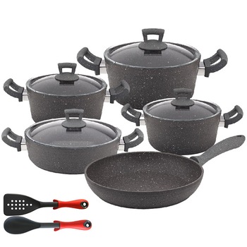 Set 11 piese Hascevher Germanitium 3 oale 3l,4l si 4,9l cu capac,cratita 3,9l cu capac si tigaie 22cm granit-gri ,lingura servire cu spatula bucatarie Set 11 piese Hascevher Germanitium 3 oale 3l,4l si 4,9l cu capac,cratita 3,9l cu capac si tigaie 22cm granit-gri ,lingura servire cu spatula bucatarie