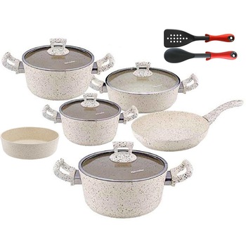 Set 12 piese Hascevher Germanitium 3 oale 3l,4l si 4,9l cu capac,cratita 3,9l cu capac, tigaie 22cm si tava rotunda 30cm granit-crem ,lingura servire cu spatula bucatarie Set 12 piese Hascevher Germanitium 3 oale 3l,4l si 4,9l cu capac,cratita 3,9l cu capac, tigaie 22cm si tava rotunda 30cm granit-crem ,lingura servire cu spatula bucatarie