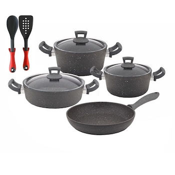 Set 9 piese Hascevher Germanitium 2 oale 3l si 4,9l cu capac,cratita 3,9l cu capac si tigaie 22cm granit-gri ,lingura servire cu spatula bucatarie Set 9 piese Hascevher Germanitium 2 oale 3l si 4,9l cu capac,cratita 3,9l cu capac si tigaie 22cm granit-gri ,lingura servire cu spatula bucatarie