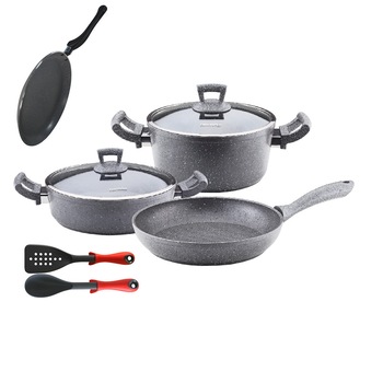 Set 8 piese Hascevher Germanitium oala 3l cu capac,cratita 3,9l cu capac si 2 tigai 22cm si 26cm blinele granit-gri ,lingura servire cu spatula bucatarie Set 8 piese Hascevher Germanitium oala 3l cu capac,cratita 3,9l cu capac si 2 tigai 22cm si 26cm blinele granit-gri ,lingura servire cu spatula bucatarie