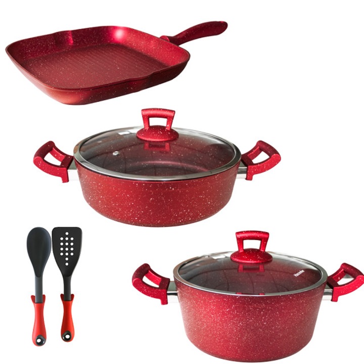 Set 7 piese Hascevher Germanitium oala 3l cu capac,cratita 3,9l cu capac si tigaie gril 28cm granit-red ,lingura servire cu spatula bucatarie