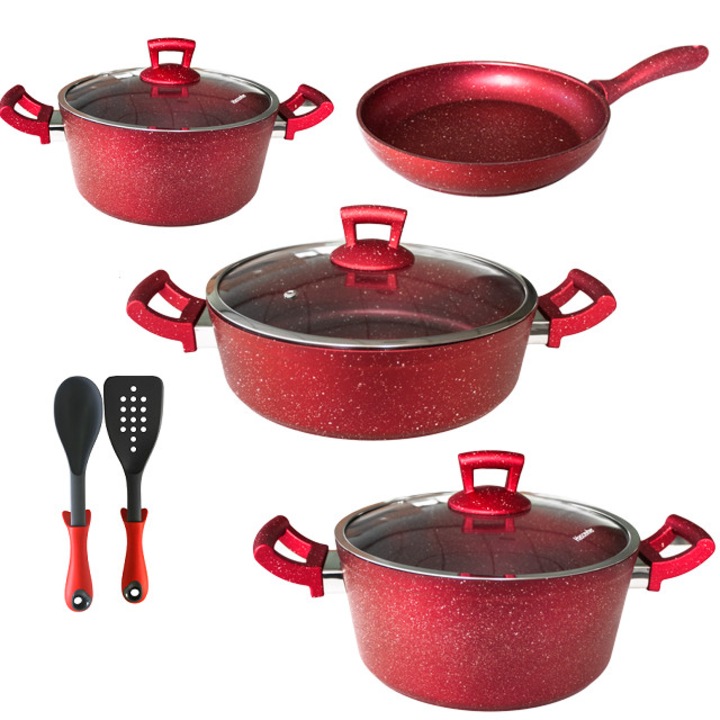 Set 9 piese Hascevher Germanitium 2 oale 3l si 4,9l cu capac,cratita 3,9l cu capac si tigaie 22cm granit-red ,lingura servire cu spatula bucatarie