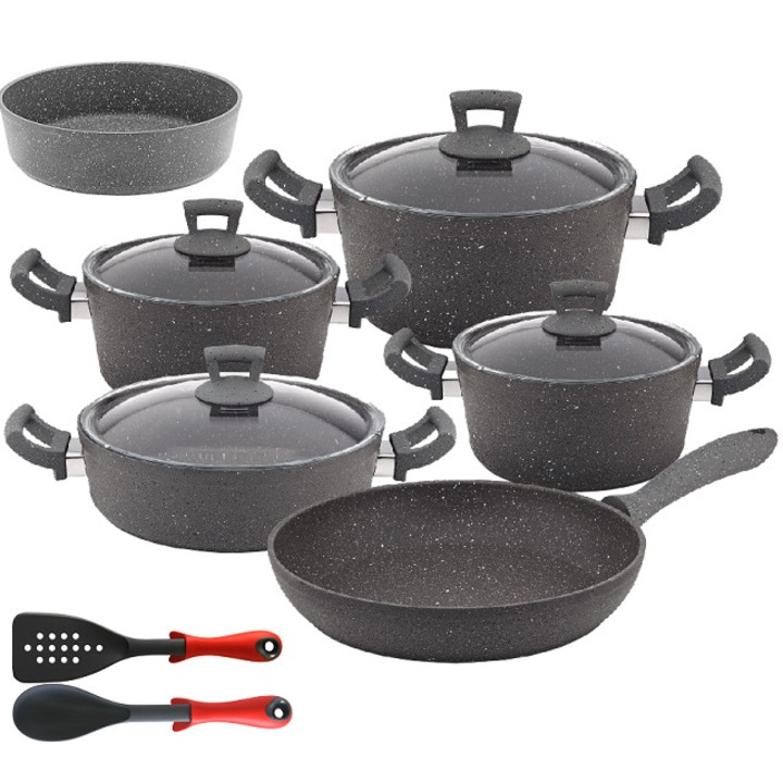 Set 12 piese Hascevher Germanitium 3 oale 3l,4l si 4,9l cu capac,cratita 3,9l cu capac, tigaie 22cm si tava rotunda 30cm granit-gri ,lingura servire cu spatula bucatarie