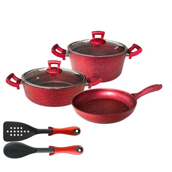 Set 7 piese Hascevher Germanitium oala 3l cu capac,cratita 3,9l cu capac si tigaie 22cm granit-red ,lingura servire cu spatula bucatarie Set 7 piese Hascevher Germanitium oala 3l cu capac,cratita 3,9l cu capac si tigaie 22cm granit-red ,lingura servire cu spatula bucatarie