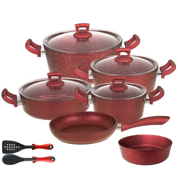 Set 12 piese Hascevher Germanitium 3 oale 3l,4l si 4,9l cu capac,cratita 3,9l cu capac, tigaie 22cm si tava rotunda 30cm granit-red ,lingura servire cu spatula bucatarie