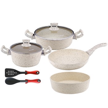 Set 8 piese Hascevher Germanitium oala 3l cu capac,cratita 3,9l cu capac, tigaie 22cm si tava cuptor rotunda 30cm granit-crem ,lingura servire cu spatula bucatarie Set 8 piese Hascevher Germanitium oala 3l cu capac,cratita 3,9l cu capac, tigaie 22cm si tava cuptor rotunda 30cm granit-crem ,lingura servire cu spatula bucatarie
