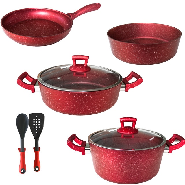 Set 8 piese Hascevher Germanitium oala 3l cu capac,cratita 3,9l cu capac si tigaie 22cm si tava rotunda30cm granit-red ,lingura servire cu spatula bucatarie