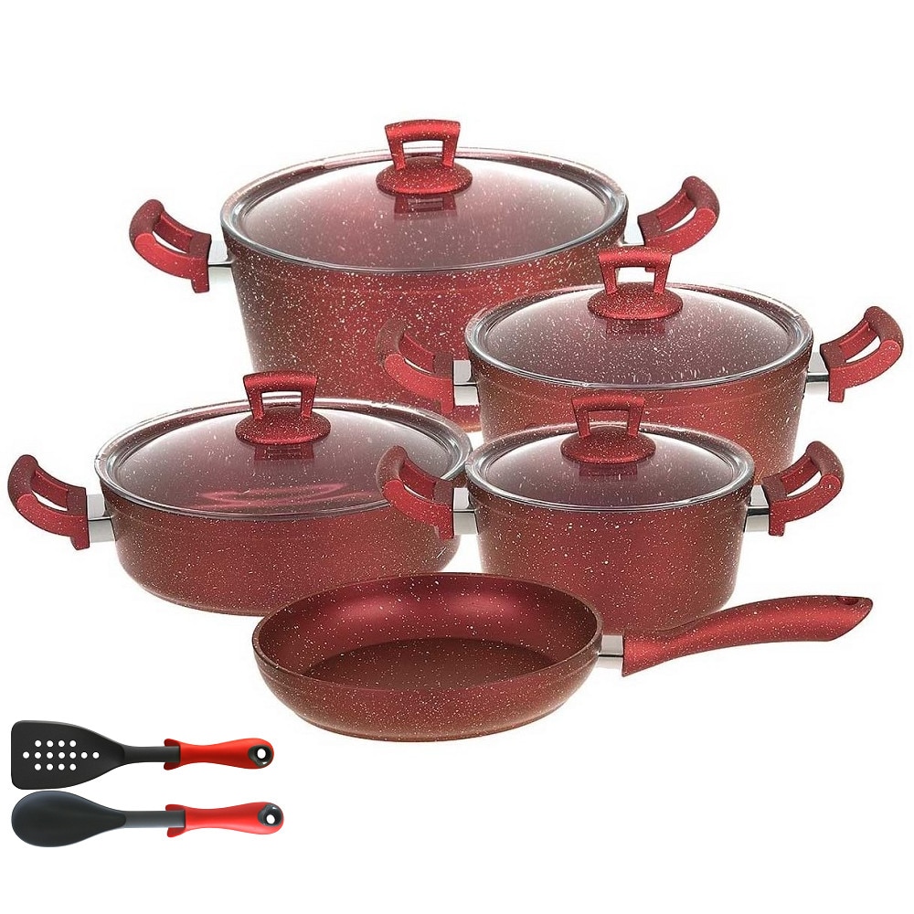 Set 11 piese Hascevher Germanitium 3 oale 3l,4l si 4,9l cu capac,cratita 3,9l cu capac si tigaie 22cm granit-red ,lingura servire cu spatula bucatarie