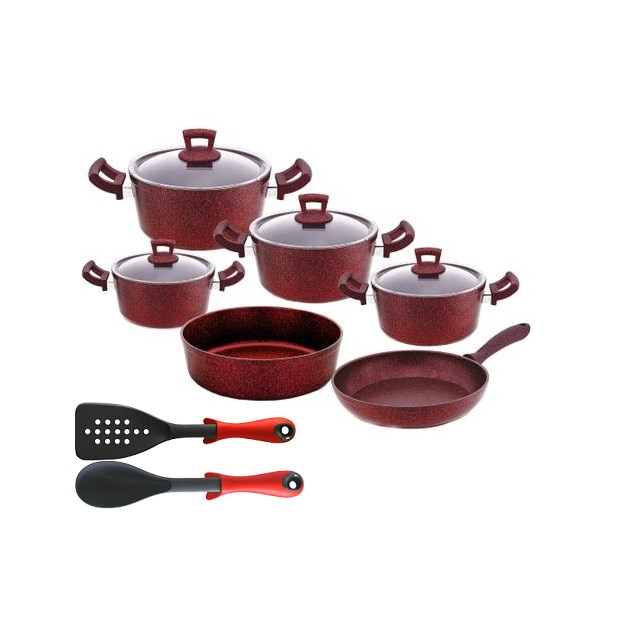 Set 12 piese Hascevher Germanitium 4 oale 3l,4l ,4,9lsi 5,8l cu capac, tigaie 22cm si tava rotunda 30cm granit-red ,lingura servire cu spatula bucatarie