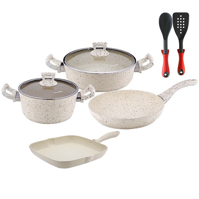 Set 8 piese Hascevher Germanitium oala 3l cu capac,cratita 3,9l cu capac, tigaie 22cm si tigaie grill 28cm granit-crem ,lingura servire cu spatula bucatarie