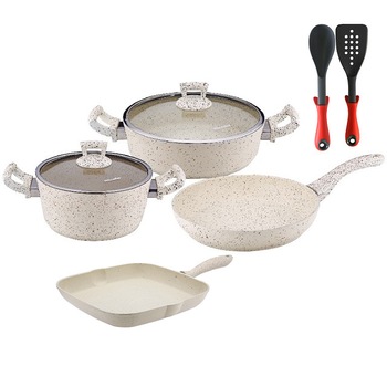 Set 8 piese Hascevher Germanitium oala 3l cu capac,cratita 3,9l cu capac, tigaie 22cm si tigaie grill 28cm granit-crem ,lingura servire cu spatula bucatarie Set 8 piese Hascevher Germanitium oala 3l cu capac,cratita 3,9l cu capac, tigaie 22cm si tigaie grill 28cm granit-crem ,lingura servire cu spatula bucatarie